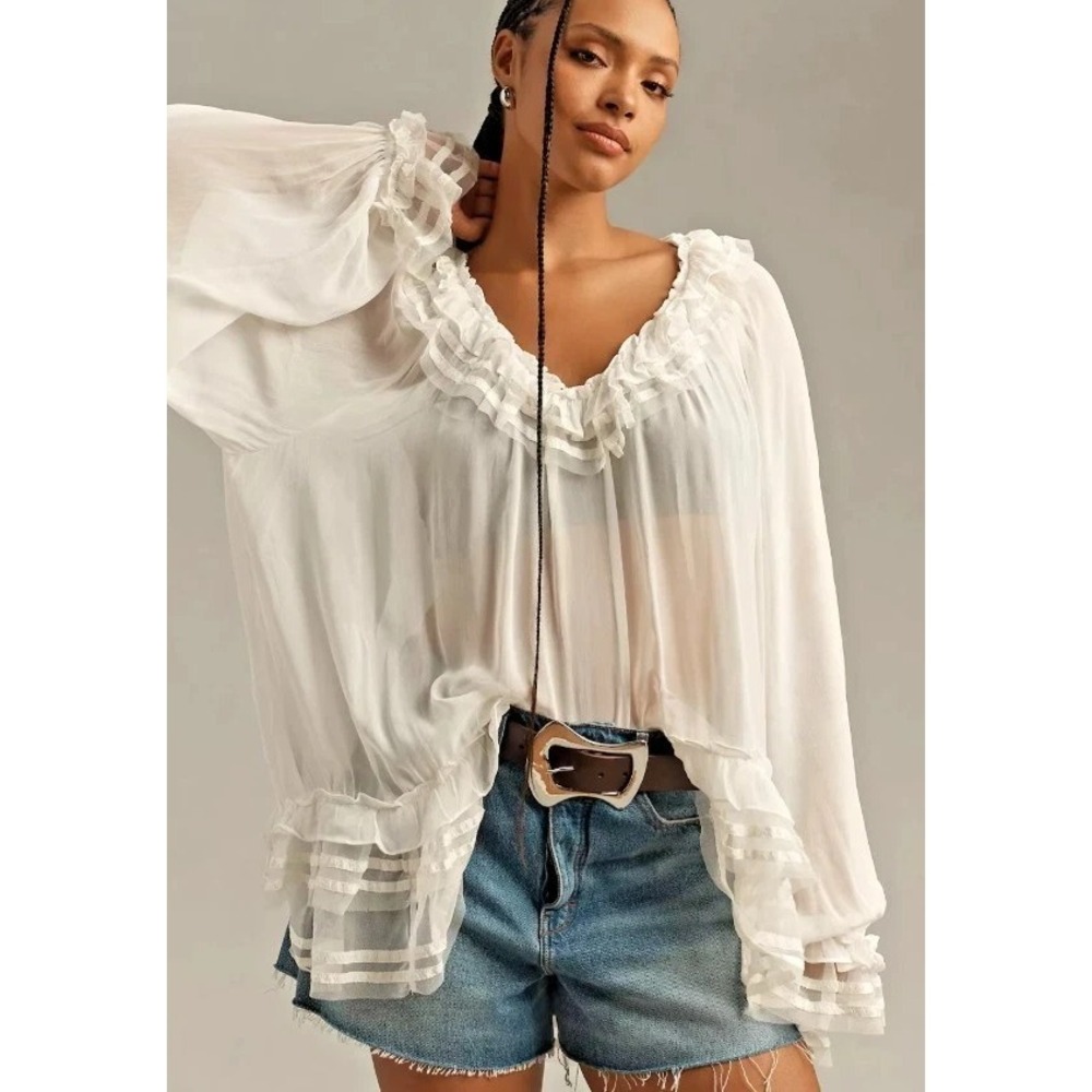 Anthropologie White Sheer Ruffle Ribbon Oversize Blouse Size XL REN Fair